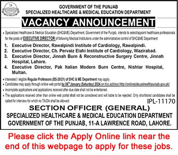 Executive Directors Jobs in Specialized Healthcare and Medical Education Department Punjab 2024 SHC&ME Apply Online Portal Latest