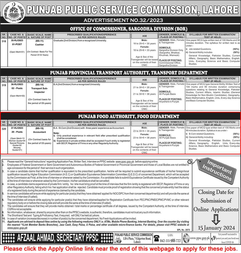 Punjab Food Authority Jobs 2024 / December 2023 PFA Accountants PPSC Online Apply Latest