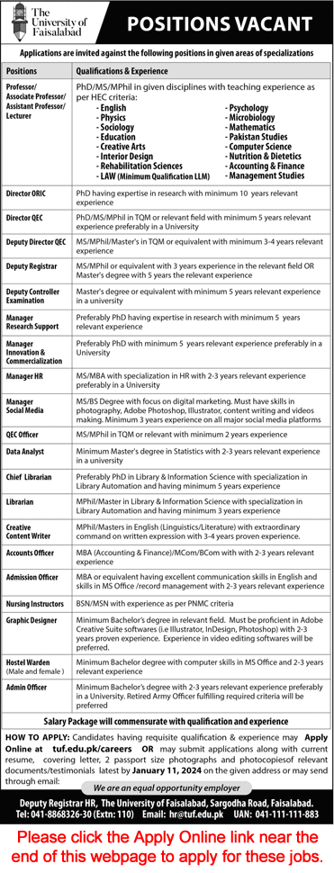 University of Faisalabad Jobs 2023 December 2024 Apply Online Teaching Faculty & Others Latest