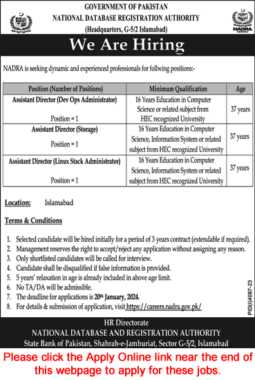 IT Jobs in NADRA Islamabad 2024 Assistant Directors Dev Ops / Storage / Linux Administrator Latest