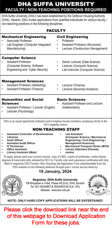 DHA Suffa University Karachi Jobs 2024 Application Form Teaching Faculty & Others Latest