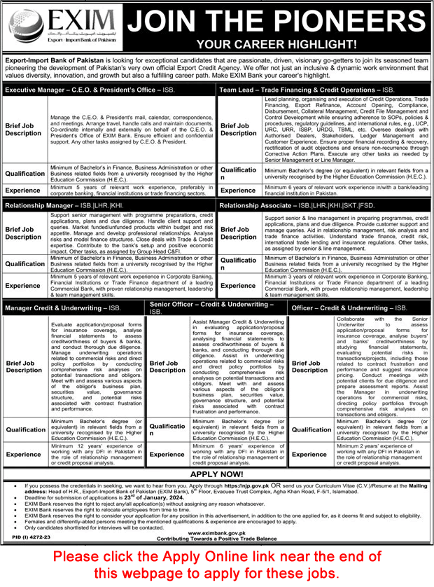 EXIM Bank of Pakistan Jobs 2024 Online Apply Relationship Managers & Others Latest