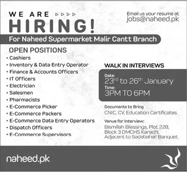 Naheed Supermarket Karachi Jobs 2024 Latest Malir Cantt Branch Walk-in Interviews