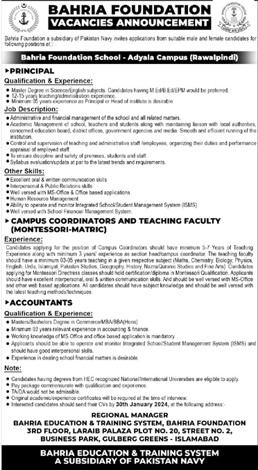 Bahria Foundation School Rawalpindi Jobs 2024 Teaching Faculty & Others Latest