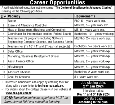 Center of Excellence in Advanced Studies Rawalpindi / Islamabad Jobs 2024 CAS Teachers & Others Latest
