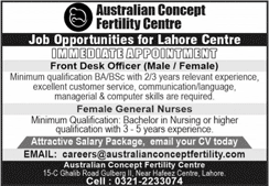 Australian Concept Fertility Centre Lahore Jobs 2024 Nurses & Front Desk Officer Latest