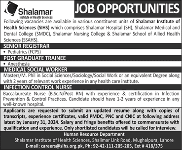 Shalamar Institute of Health Sciences Lahore Jobs 2024 SIHS Postgraduate Trainee & Others Latest