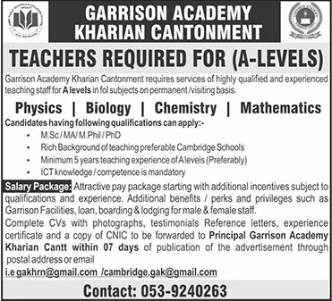 Teaching Jobs in Garrison Academy Kharian Cantt 2024 APS&C Latest
