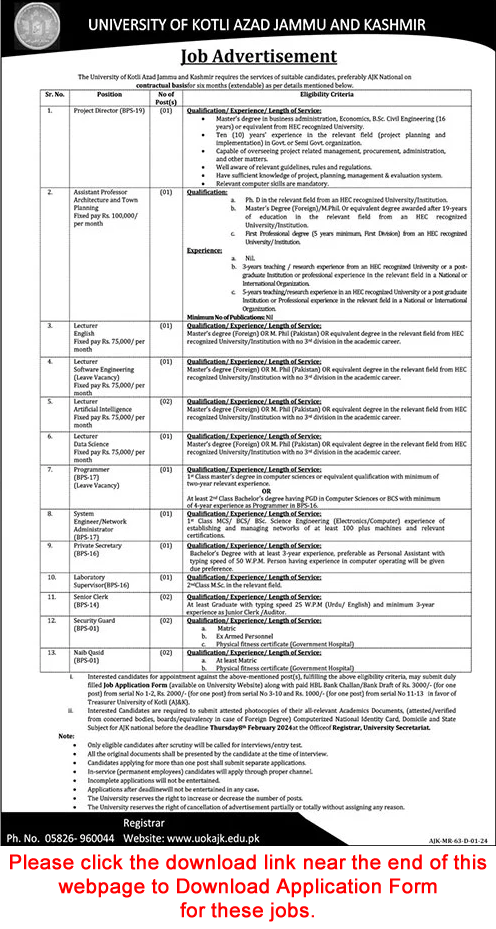 University of Kotli AJK Jobs 2024 Application Form UoK Teaching Faculty & Others Latest