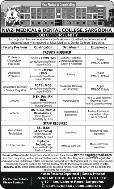 Niazi Medical and Dental College Sargodha Jobs 2024 NMDC Teaching Faculty & Technicians Latest