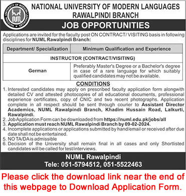 Instructor Jobs in NUML University Rawalpindi 2024 January / February Application Form National University of Modern Languages Latest