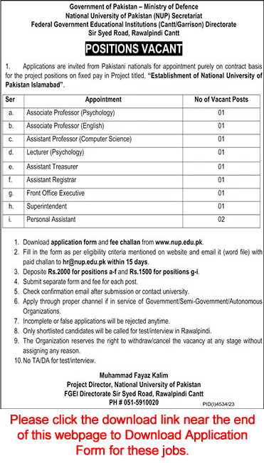 Federal Government Educational Institutions Cantt Garrison Jobs 2024 Application Form National University of Pakistan NUP Latest