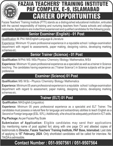 Fazaia Teachers Training Institute Islamabad Jobs 2024 January / February PAF Complex FTTI Latest