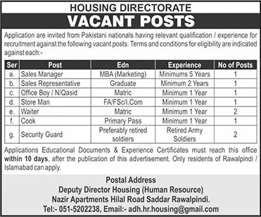 Housing Directorate Rawalpindi Jobs 2024 Naib Qasid, Security Guard & Others Latest