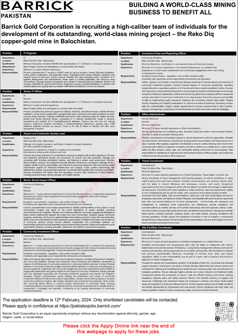 Barrick Gold Corporation Pakistan Jobs 2024 Apply Online IT Officer & Others Latest