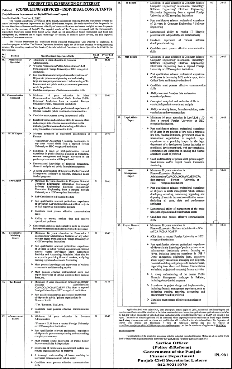 Finance Department Punjab Jobs 2024 February IT Experts & Others Latest