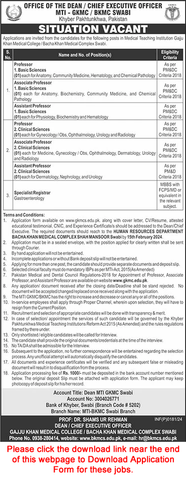 Teaching Faculty Jobs in Medical Teaching Institute Swabi February 2024 Application Form BKMC GKMC MTI Latest