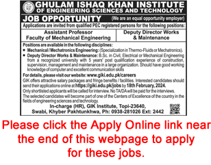 GIK Institute of Engineering Sciences and Technology Swabi Jobs February 2024 Online Apply Latest
