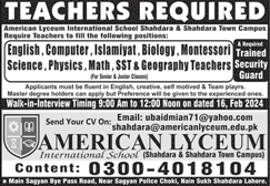American Lyceum International School Lahore Jobs 2024 February Teachers & Security Guards Latest