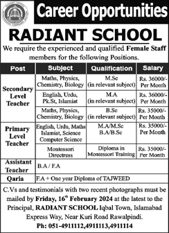 Radiant School Rawalpindi / Islamabad Jobs 2024 February Assistant Teachers & Qaria Latest