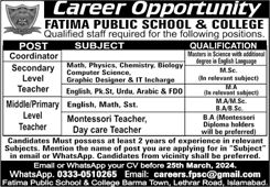 Fatima Public School and College Islamabad Jobs 2024 February Teachers & Others Latest