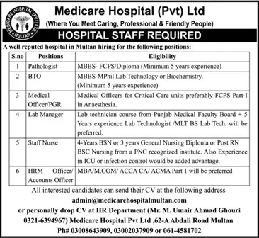 Medicare Hospital Multan Jobs 2024 February Staff Nurse & Others Latest