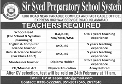 Sir Syed Preparatory School System Islamabad Jobs 2024 February Teachers & Others Latest