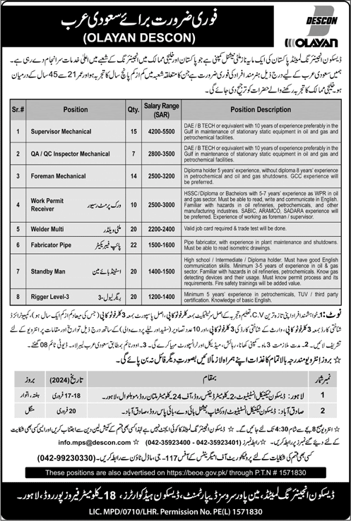 Descon Engineering Saudi Arabia Jobs 2024 February Fabricators & Others Olayan Latest