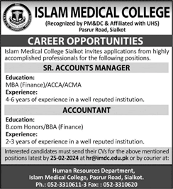 Islam Medical College Sialkot Jobs 2024 February Accounts Manager & Accountant Latest
