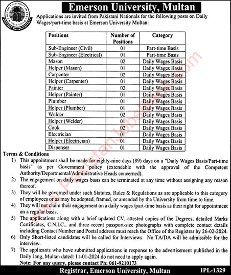 Emerson University Multan Jobs 2024 February Sub Engineers, Helpers & Others Latest