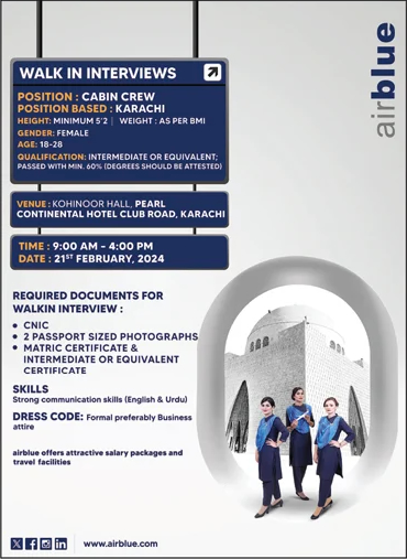 Airhostess Jobs in Air Blue 2024 February Female Cabin Crew Walk in Interviews Karachi Latest