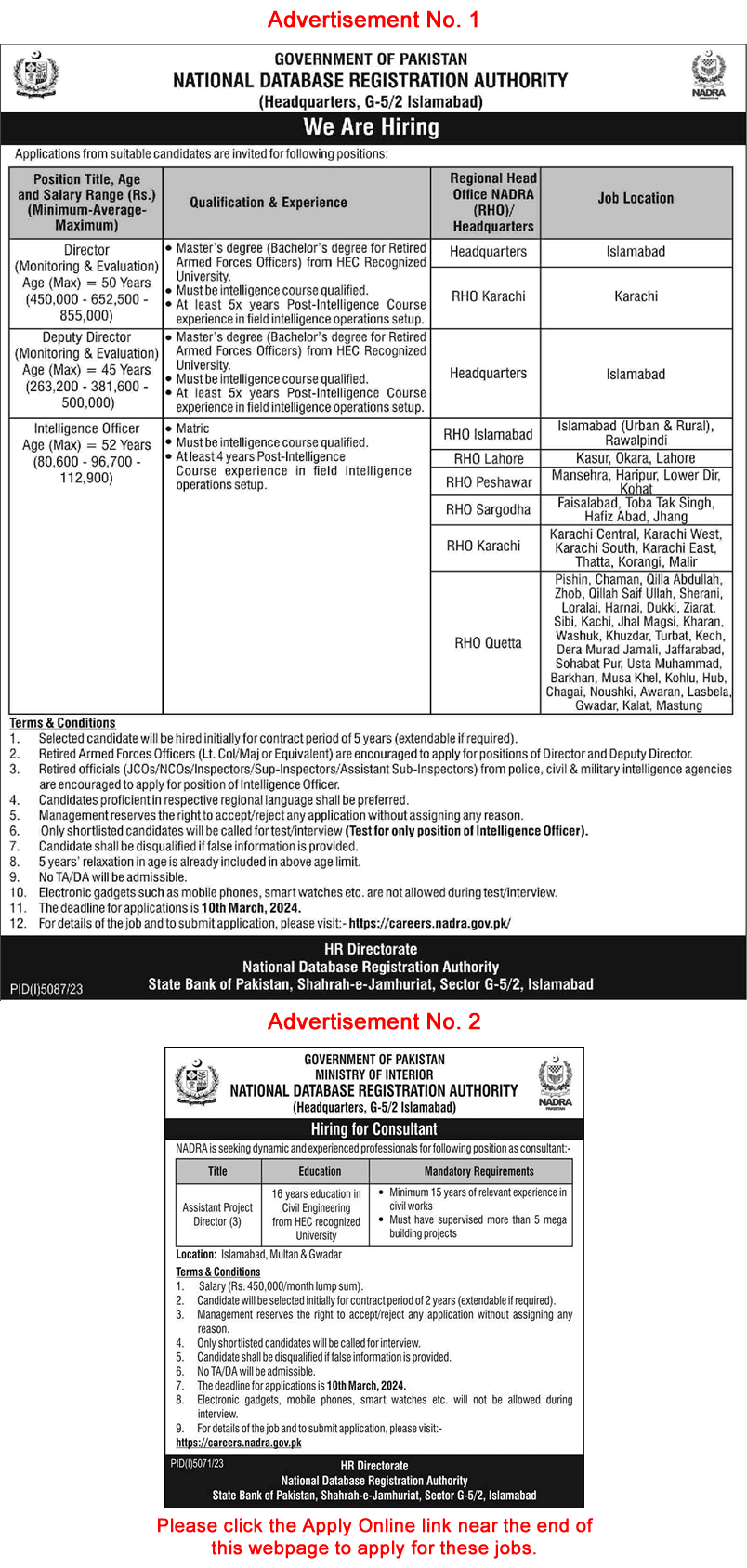 NADRA Jobs February 2024 Intelligence Officers & Others National Database and Registration Authority Latest