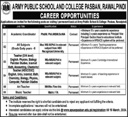 Army Public School and College Pasban Rawalpindi Jobs 2024 February Teachers & Others Latest