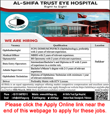 Al-Shifa Trust Eye Hospital Sukkur Jobs 2024 February Apply Online Latest
