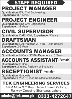 TEK Engineering Services Lahore Jobs 2024 February Accountants & Others Latest