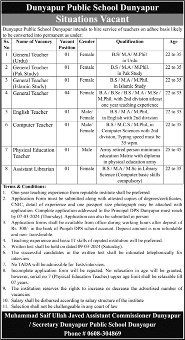 Dunyapur Public School Lodhran Jobs 2024 February / March General Teachers & Others Latest