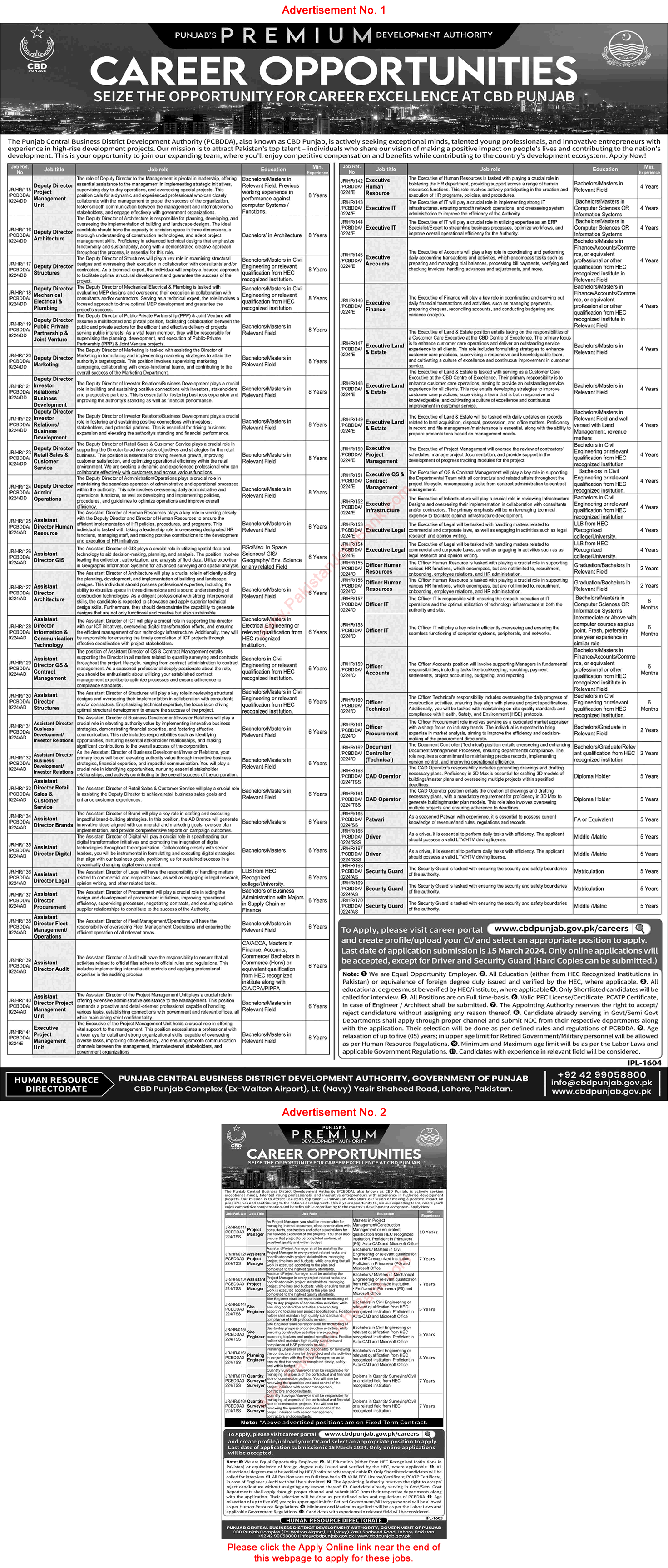 Punjab Central Business District Development Authority Jobs 2024 February Online Apply CBD PCBDDA Latest