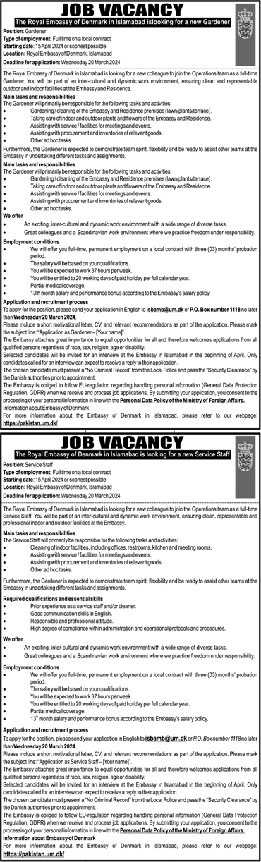 Denmark Embassy Islamabad Jobs March 2024 Pakistan Service Staff & Gardener Latest