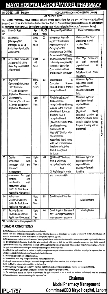 Mayo Hospital Lahore Jobs March 2024 Model Pharmacy Latest