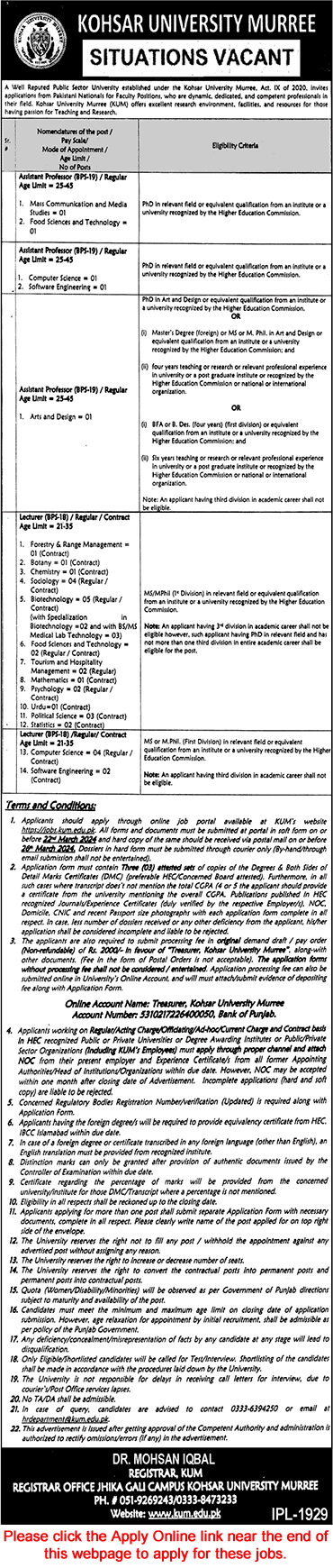 Kohsar University Murree Jobs March 2024 KUM Online Apply Lecturers & Assistant Professors Latest