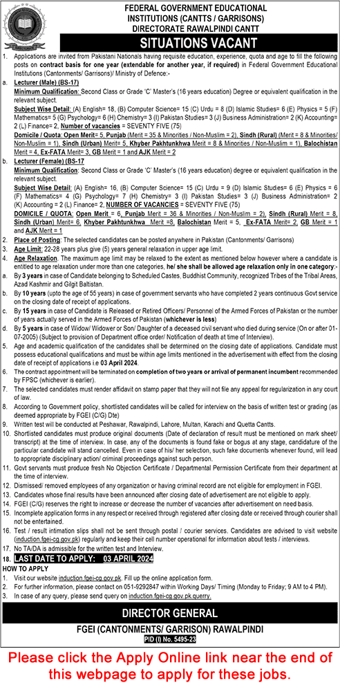 FGEI Jobs March 2024 Lecturers Federal Government Educational Institutions (Cantts / Garrisons) Online Apply Latest