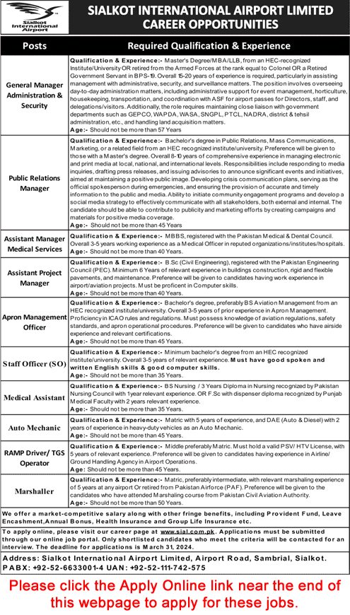 Sialkot International Airport Jobs March 2024 SIAL Online Application Form Latest