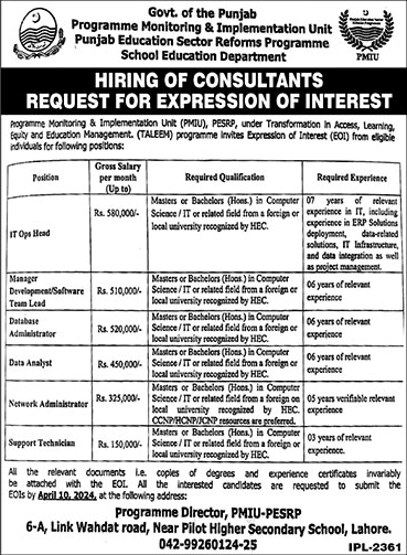 Punjab Education Sector Reforms Program (PESRP) Jobs March 2024 PMIU TALEEM Latest