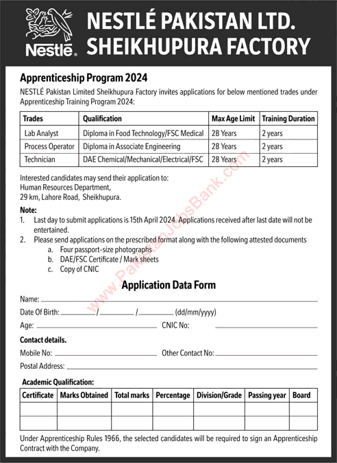 Nestle Apprenticeship Program 2024 March Apprentice Jobs Sheikhupura Factory Pakistan Latest