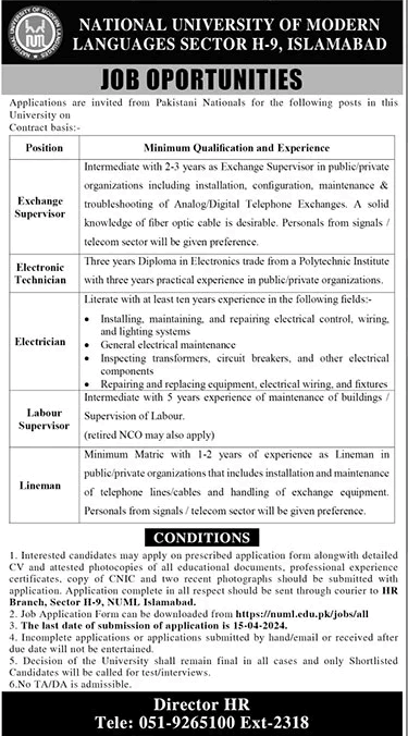 NUML University Islamabad Jobs March 2024 Latest