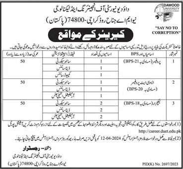 Dawood University of Engineering and Technology Jobs March 2024 DUET Karachi Teaching Faculty Latest