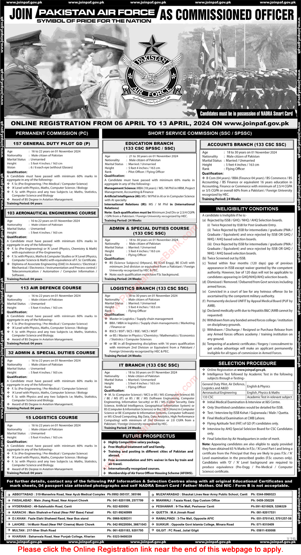 Join Pakistan Air Force as Commissioned Officer 2024 April Online Registration SSCC, SPSSC & Permanent Commission Latest