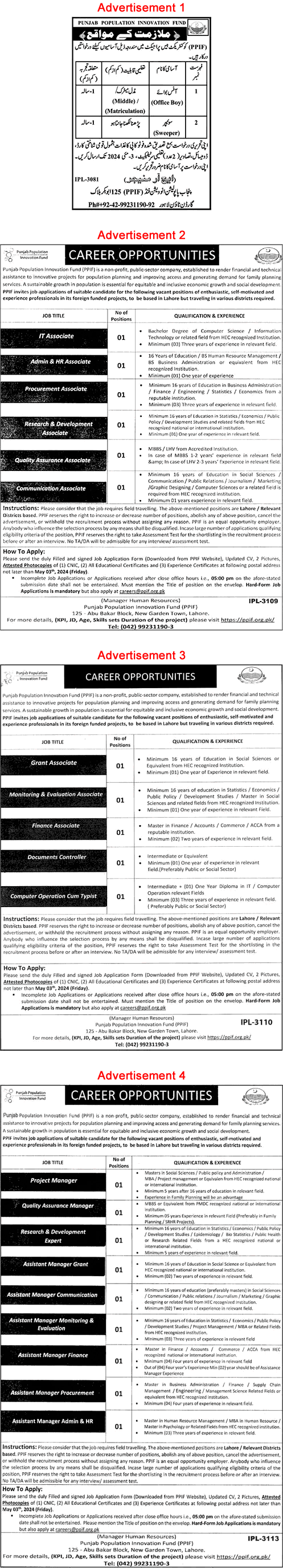 Punjab Population Innovation Fund Jobs 2024 April PPIF Assistant Managers, Associates & Others Latest