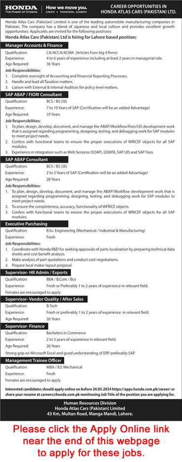 Honda Atlas Cars Pakistan Limited Lahore Jobs 2024 May Apply Online Management Trainee Officers & Others Latest