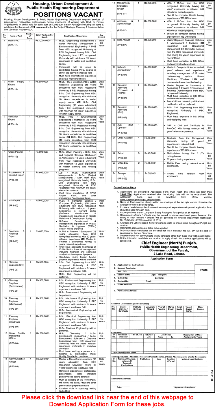 Public Health Engineering Department Punjab Jobs May 2024 Application Form HUD & PHED Latest
